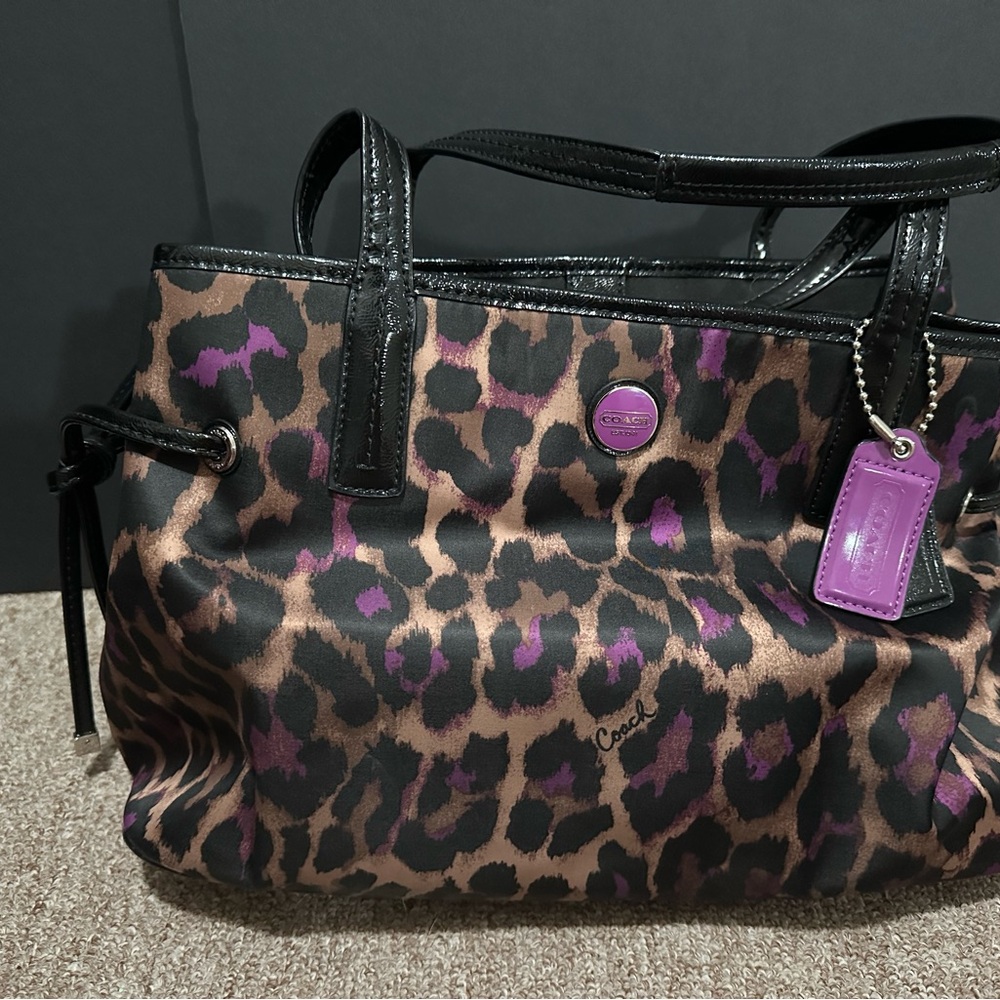 Coach Leopard Print Tote - Black, Purple, and Brown